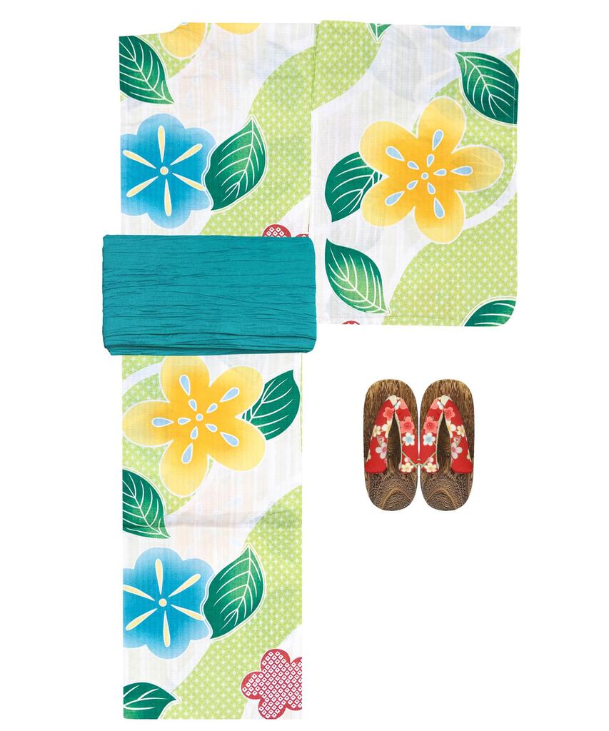 Yukata Set Junior Retro Change Weave 3 Piece Set Heiko C Girls In Search of the Village Where Flowers [KYOETSU] (Yukata, Obi, Geta) (120cm, 8. Fall)