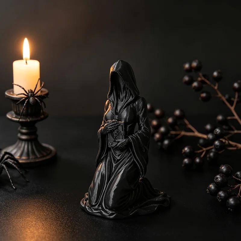 Gothic Hooded Female Grim Reaper Kneeling Figurine 3D Print Home Desktop Ornament Halloween Altar Decor Occult Collectible Gifts