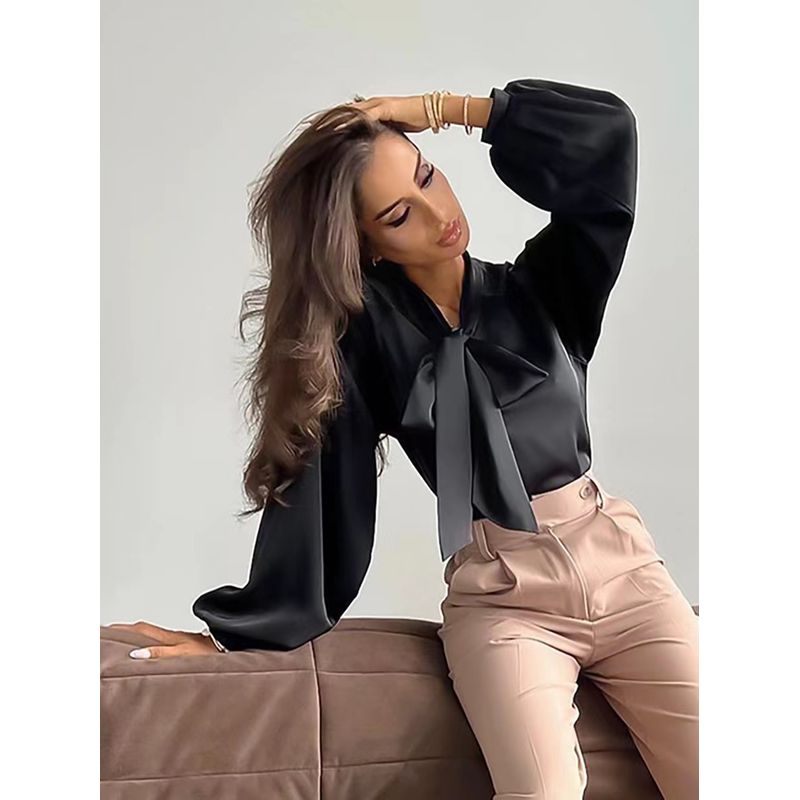 

Новое поступление Французская мода Рубашка с длинными рукавами и воротником Воротник на шнуровке Рубашка с длинными рукавами Black M