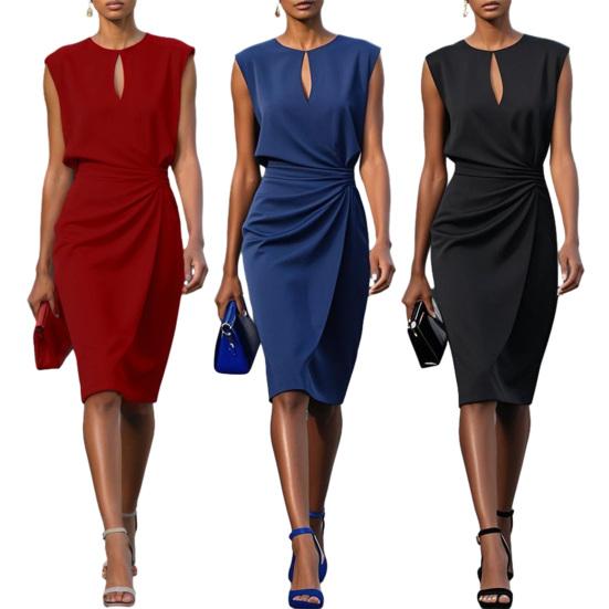 Damen Business Arbeitskleid Rundhals Ärmellos Raffung Bodycon Kleid Sommer Schlankheitsformend Formelles Etuikleid