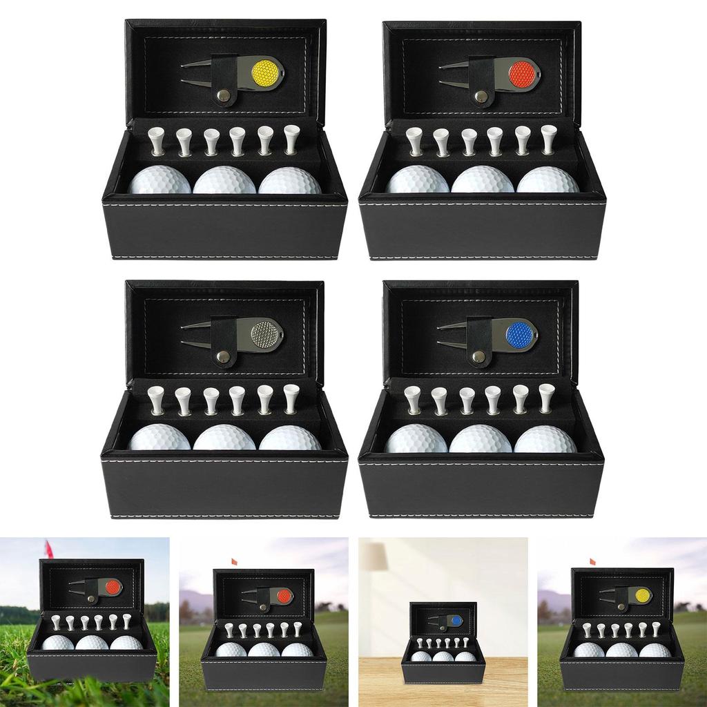 Golf Ball and Tee Gift Set with PU Leather Box Metal Divot Tool Golf Gift for Men for Green Golfers Golf Course Grandpa Dad