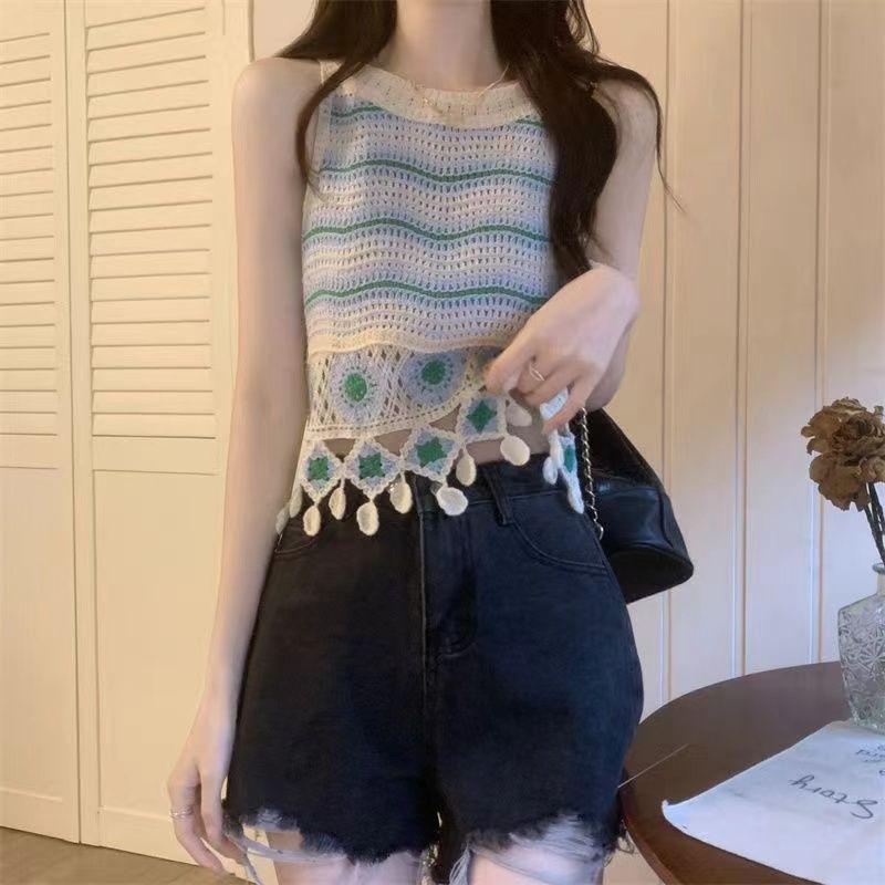 Hollow Flower Embroidery Knitted Crochet Camisole Summer Women's Retro Ethnic Design Tassel Short Top
