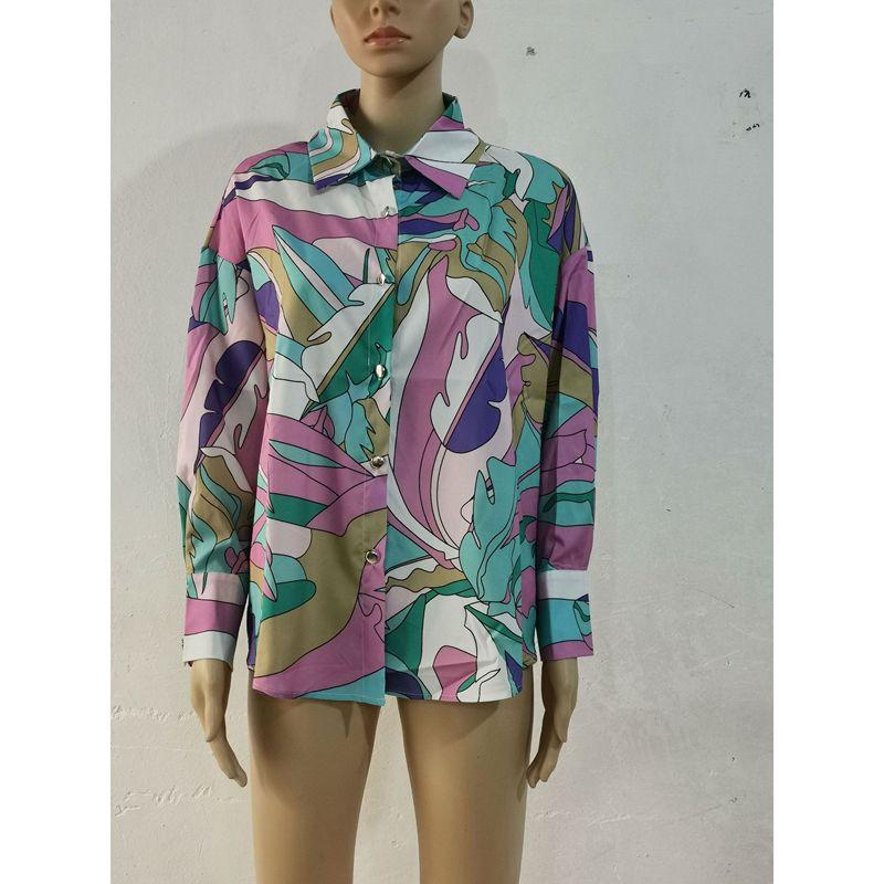 Europa und Amerika Border Hemd Locker Frühling und Herbst Druck Einreihiger Cardigan Laterne Langarmhemd für Damen