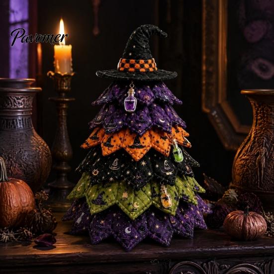 Halloween Theme Interior Decor Wooden Tree Ornament, 2D Flat Quilted Fabric Style Desktop Double Table Decorations Side Wood Sign for Home Party