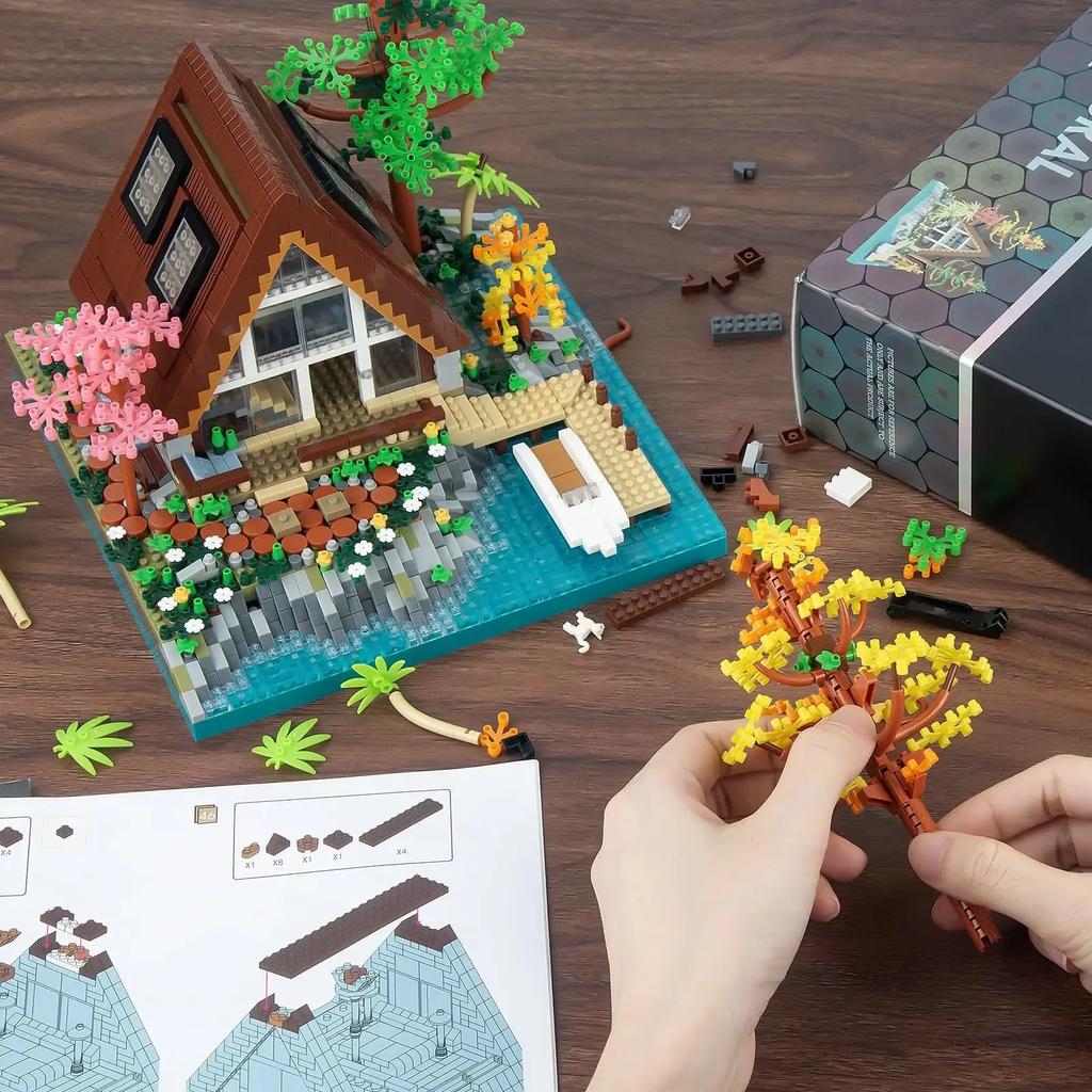 2688PCS Wooden Cabin Building House Forest Blocks DIY Lake Island Villa Assembly Block Toys with Light for Children's Xmas Gifts