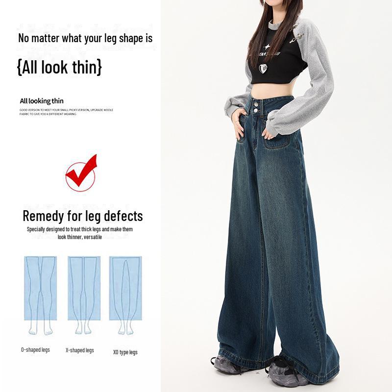 Dámské tmavě modré džíny s vysokým pasem a širokými nohavicemi na jaro 2025: Retro inspirované, až na zem, volný, ale zeštíhlující střih