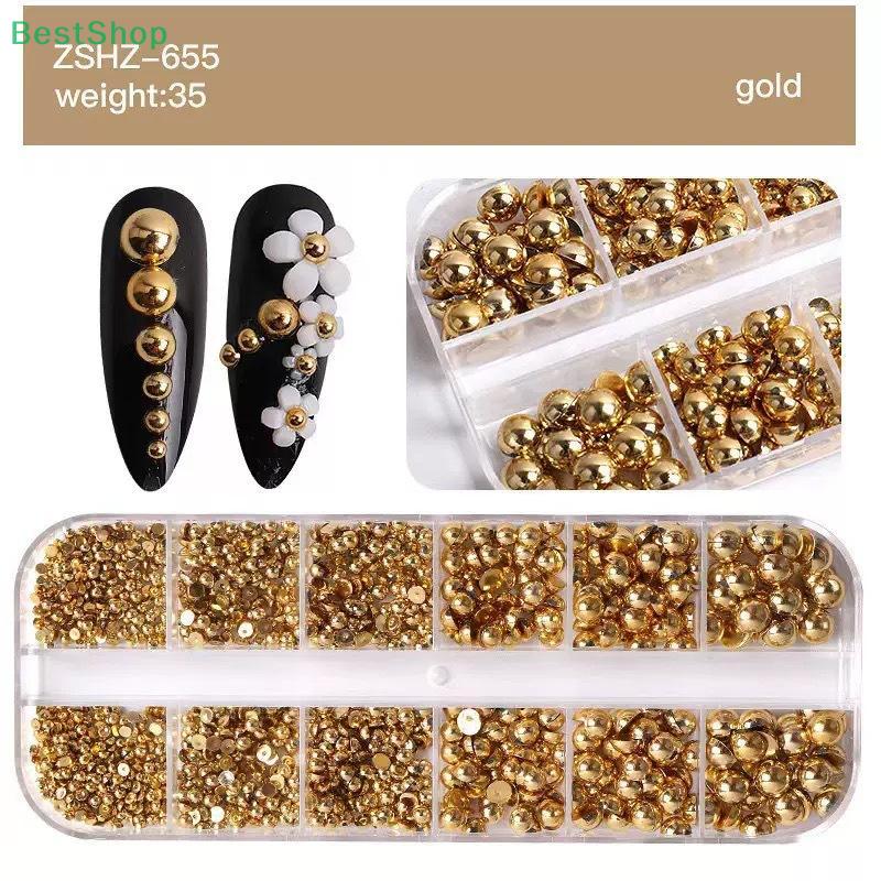 12 Compartment/ Box Gold Silver ABS Semi-round Pearl Nail Art Decor Mix Manicure Salon Accessories