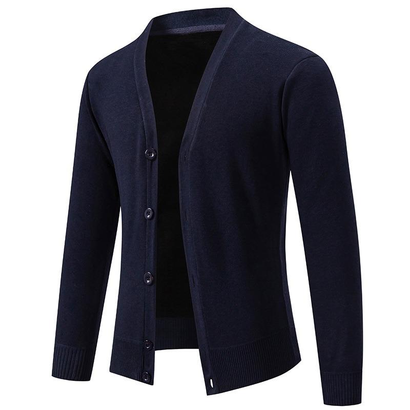 Men S V Neck Long Sleeve Fleece Knit Cardigan Solid Color Casual