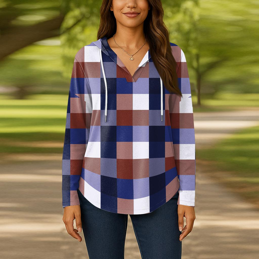 Damenmode Kapuzenpullover V-Ausschnitt Langarm Geblümter Kordelzug Lässig Locker Pullover Tops