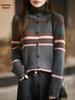 Women's Retro Color Block High Neck Knit Cardigan - Autumn Winter Long Sleeve Korean Style Sweater in Coffee Tone.
