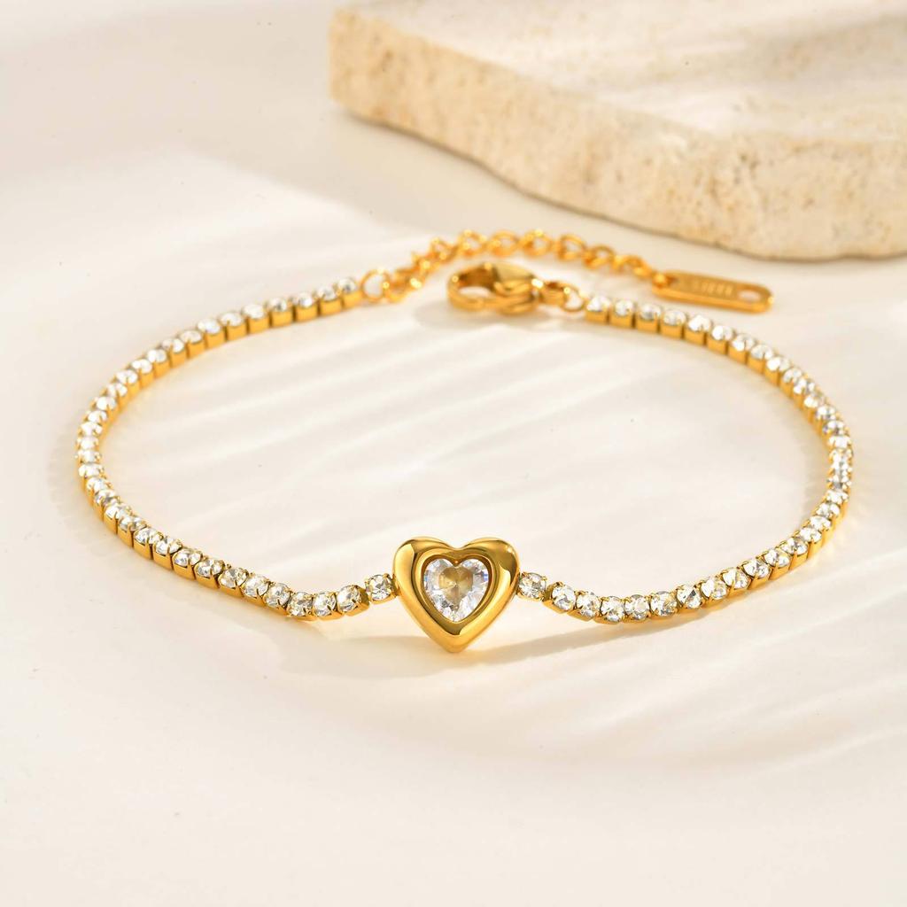 Fashion Temperament Jewelry Women, Stainless Steel Heart-Shaped Rhinestone Chain Bracelet 18K Gold Br-2611