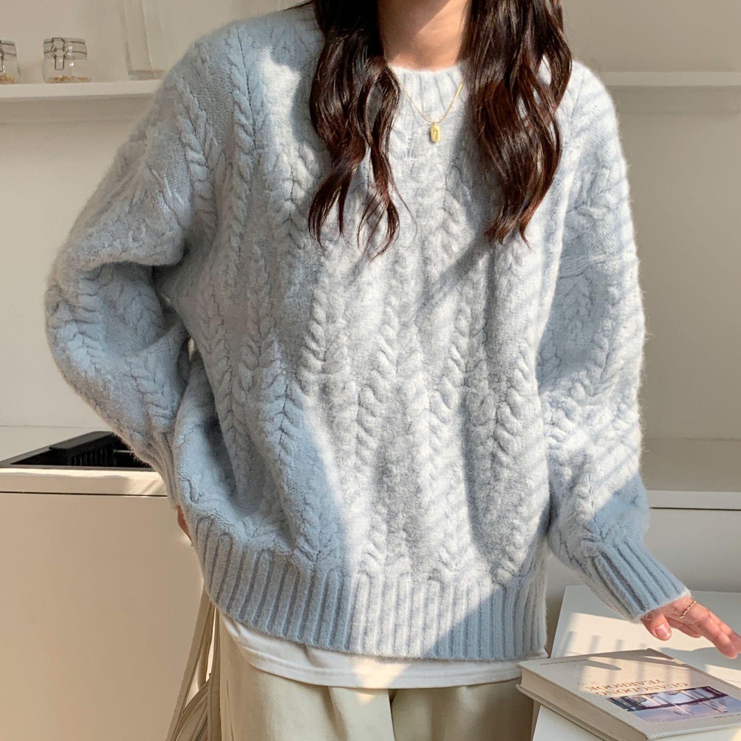 

Solid Color Wheat Ear Cable Knit Sweater for Women Autumn Winter Loose Outer Wear Lazy Style Warm Knit Top Thickened S