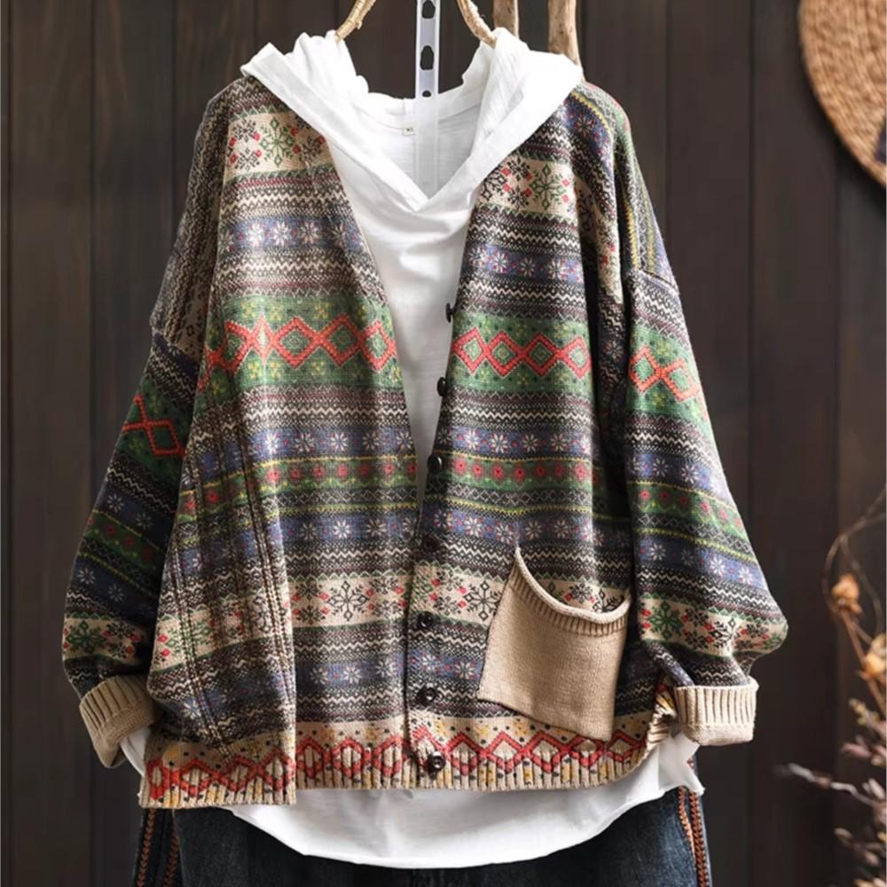 Johnature Women Vintage Sweaters Striped Print Floral Spring Chinese Style V-Neck Long Sleeve Knitted Sweaters