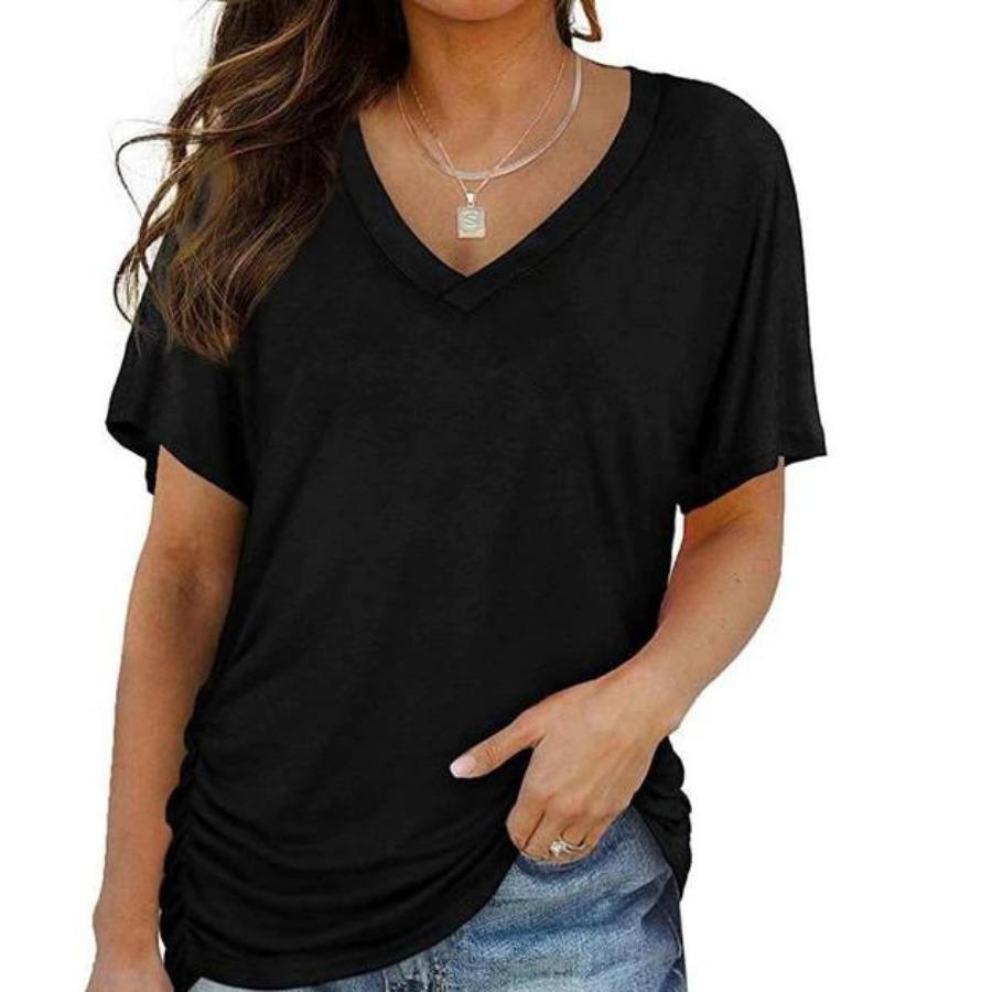 Topuri de vară cu decolteu în V Top lejer Culoare uni Tricou casual cu mânecă scurtă Îmbrăcăminte pentru femei