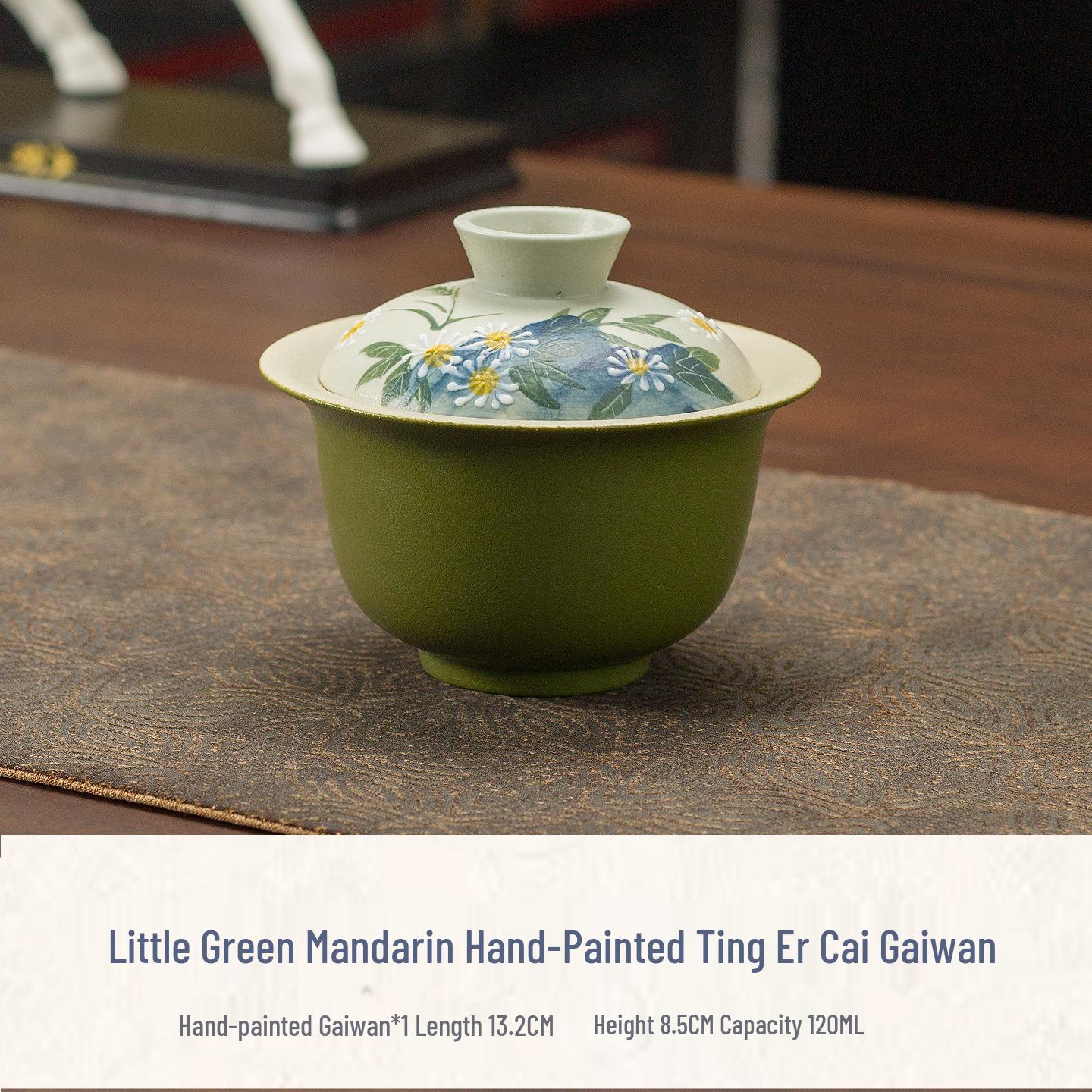 Hand-Painted Daisy Sancai Ceramic Gaiwan Gongfu Tea Set: Green Tangerine Tea Cup & Brewing Bowl