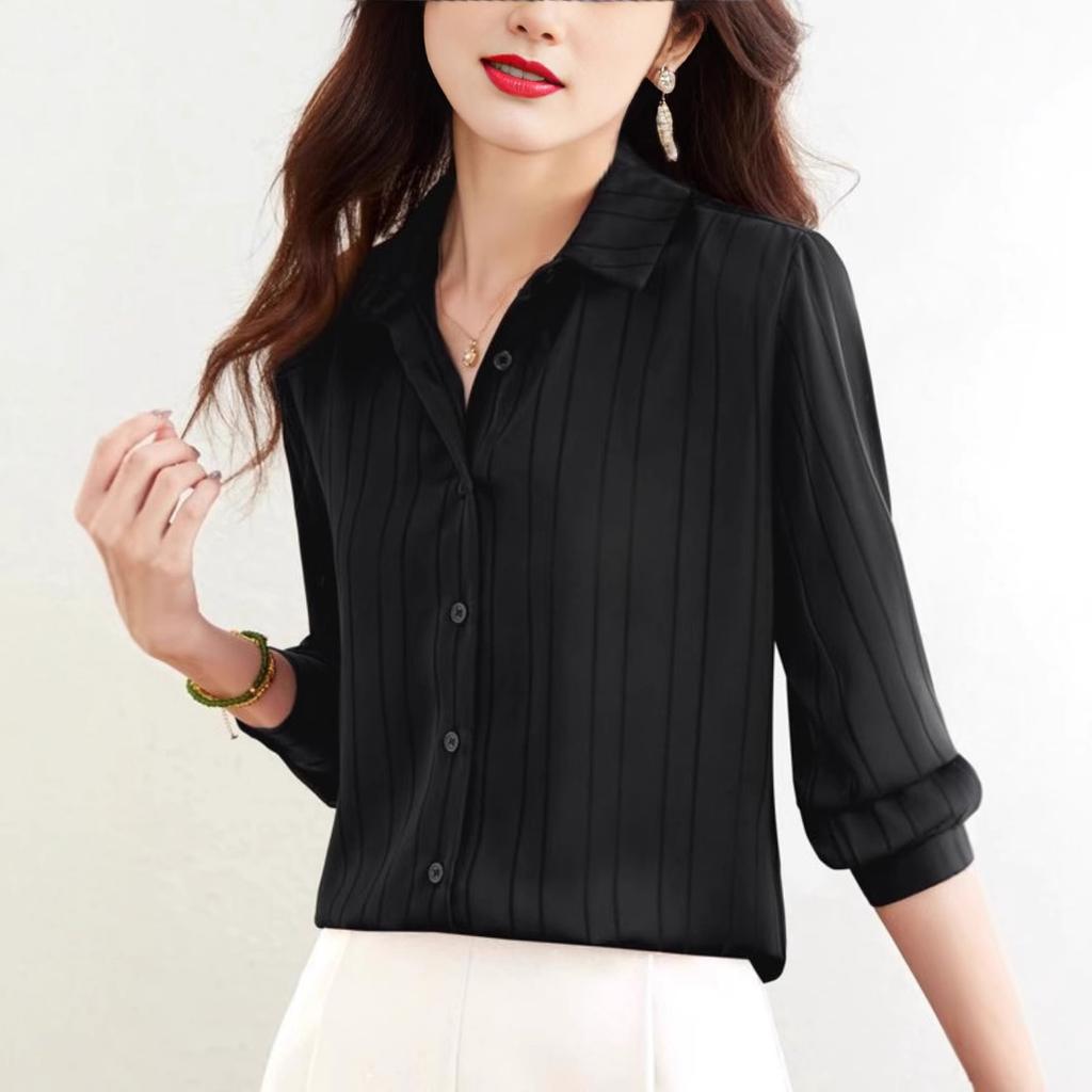 Polo Collar Striped Shirt for Women's Spring Temperament Satin Shirt Fashionable Shirt