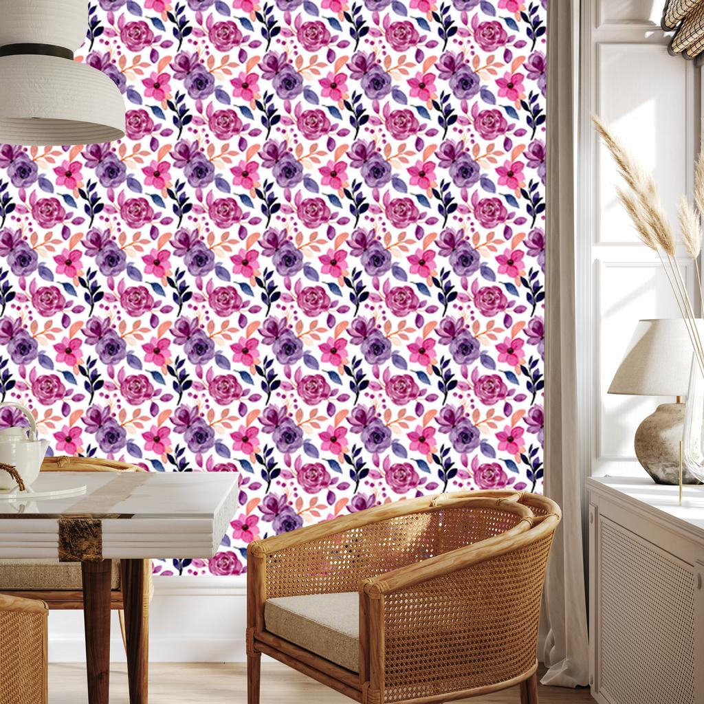 Wallpaper Flowers White and Purple for Living Room and Bedroom 50x1000