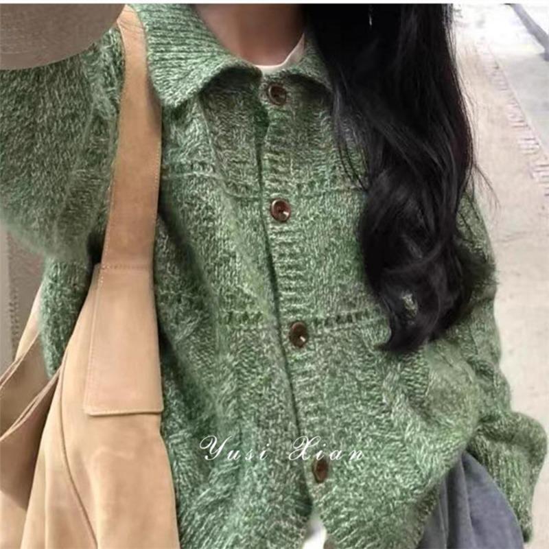 

Huge good-looking design Korean-style lapel collar age-reducing green sweater top women s new autumn coat one size fits all зелёный