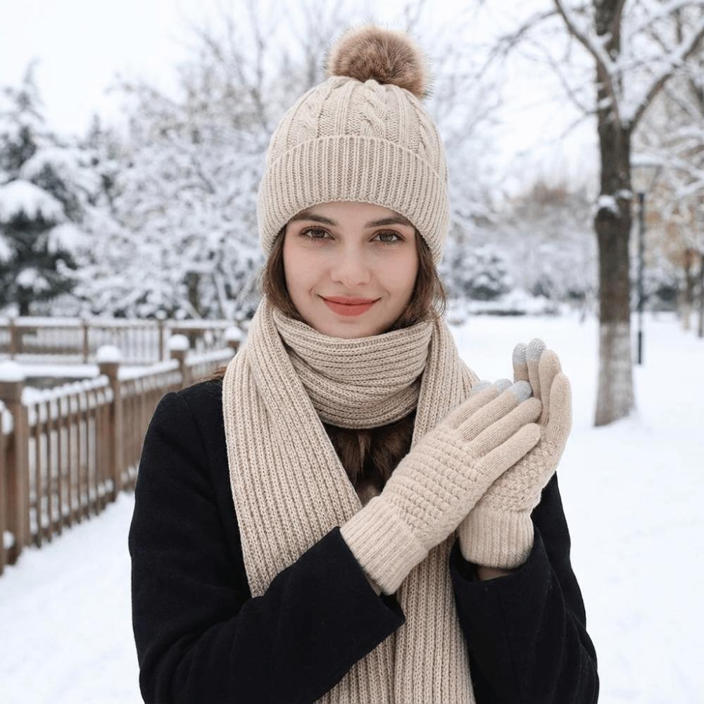 3Pcs/Set Woolen Hat Cold Proof Knitted Scarf Fashion Scarf Hat Gloves Set Cycling