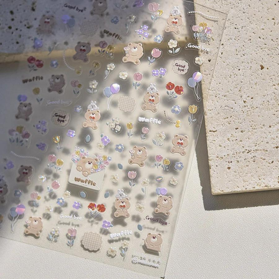 Cute Animals Bear Dog Cake Sweet Cherry Grid Bowknot Star Line Fruit Relief Self Adhesive Nail Art Stickers 5D Manicure Decals