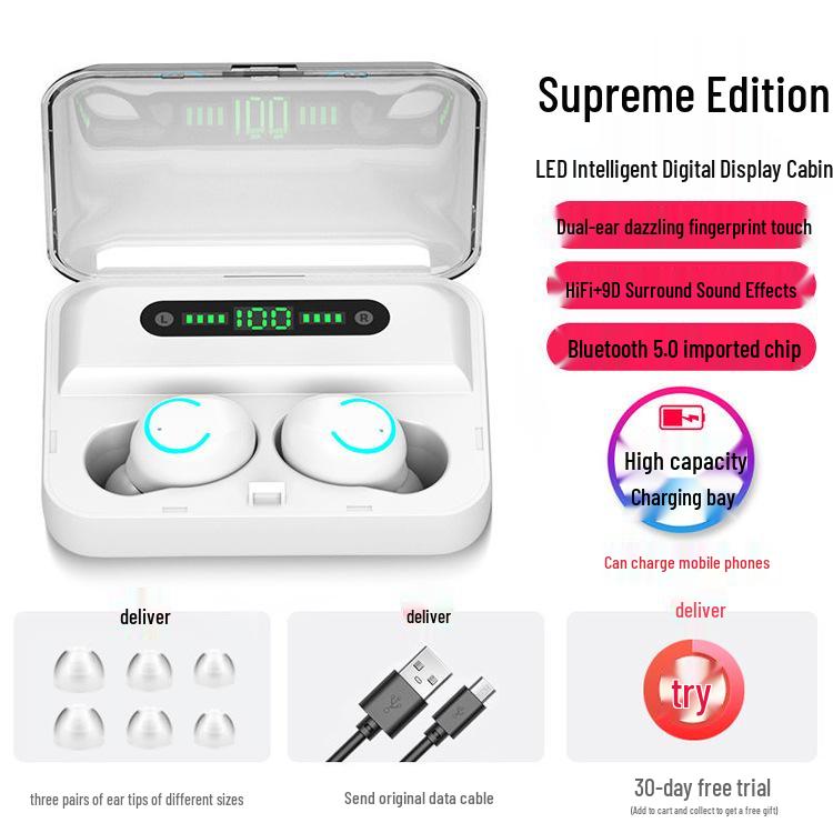 New F9 Bluetooth 5.0 Dual Earbuds with TWS, Battery Display, and Charging Case