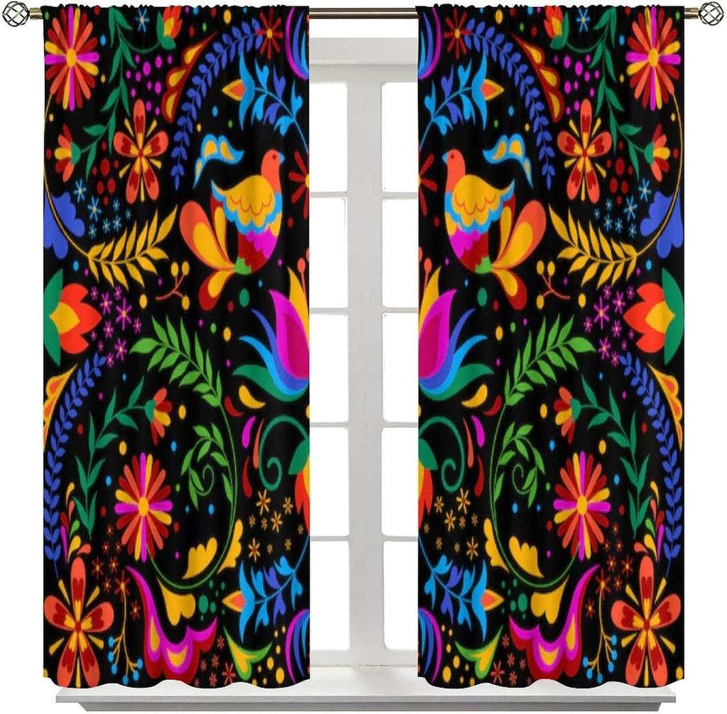 Mexican Folk Art Curtains Colorful Bird Flower Print for Living Room Boho Window Decor