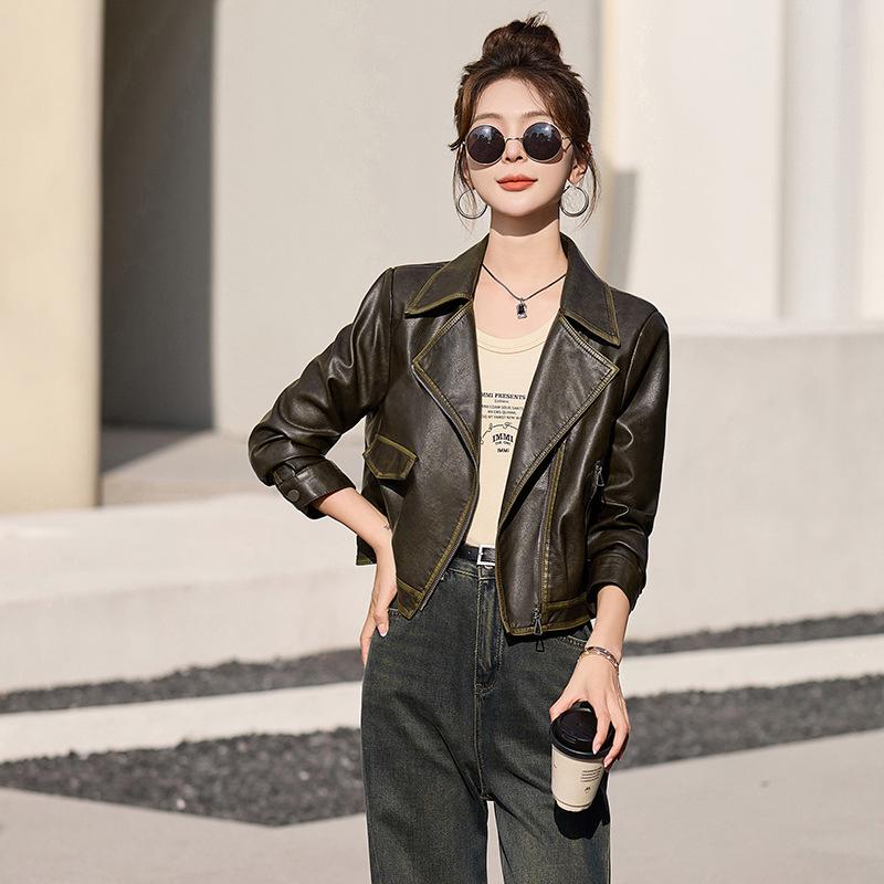 

2025 Весна/Осень Темперамент Женская Приталенная Кожаная Куртка с Отложным Воротником L кофейный/зелёный