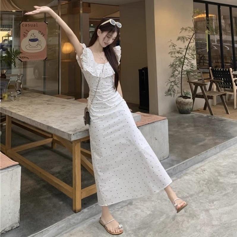 Xiaofei sleeve polka dot floral dress children's summer new French temperament seaside vacation suspender dress