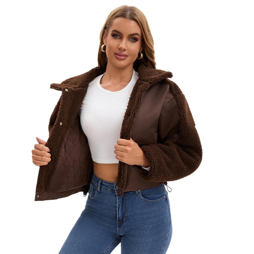 Women’s Plush Fleece Jackets Long Sleeves Lapel Zipper Short Coat Windproof Warm Bomber Jacket Loose Fit Outerwear Vintage Style Autumn Winter Tops