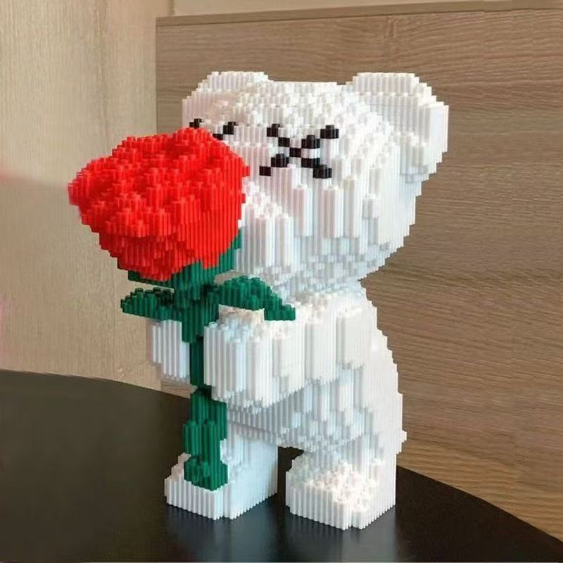 Cute Pink Flower Rose 3D Bear Micro Building Block Toy Educational Toy For Kids Couple Gift Desktop Home Decorations