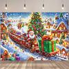 1pc Polyester Christmas Party Banner - Santa Claus Train Town Snow Scene Background, Multi-functional Entrance