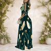 Women Plus Size V Neck Cold Shoulder Short Sleeve Tie Cuffs Printed A Line Long Dress