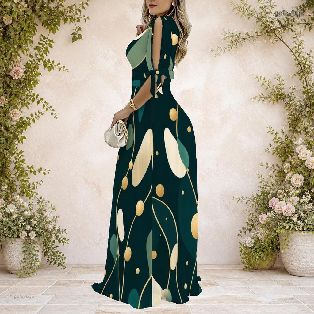 Women Plus Size V Neck Cold Shoulder Short Sleeve Tie Cuffs Printed A Line Long Dress