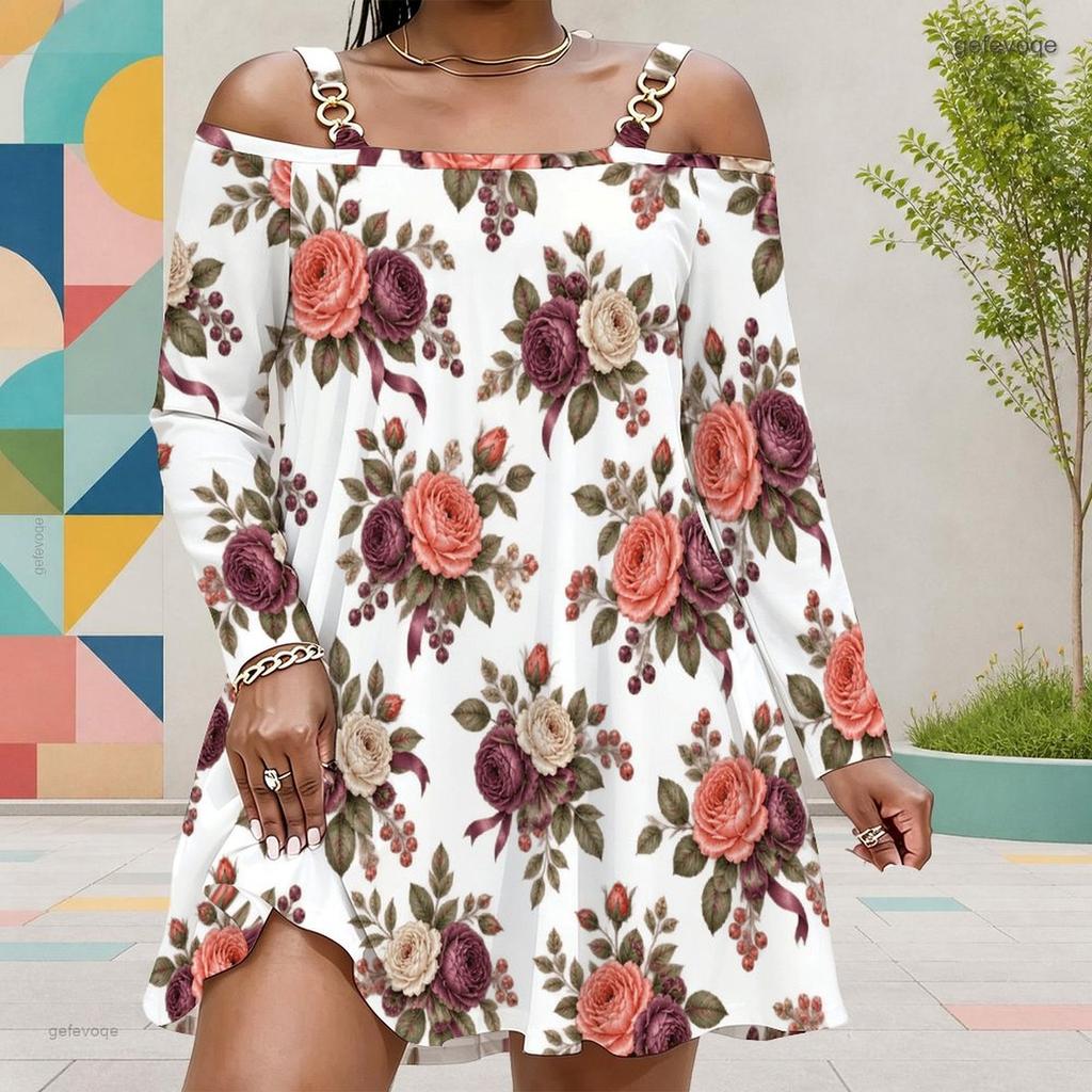 Women Plus Size White Floral Printed Cold Shoulder Long Sleeve Dress