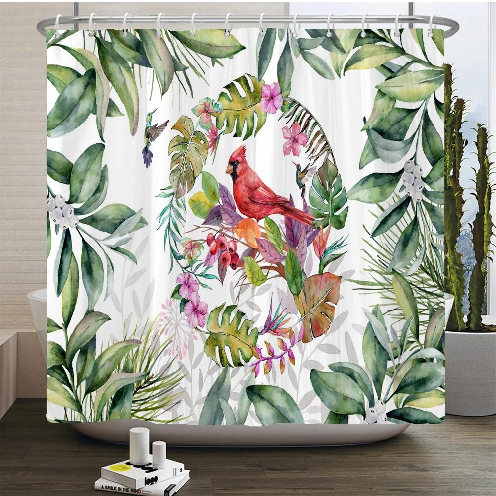 Green Plant Leaves Print Shower Curtains Watercolor Boho Floral Waterproof Morden Bathroom Bathtub Curtain Room Decor With Hooks