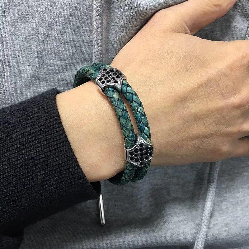 Grünes Herren Echtlederarmband Zirkonia-Accessoires Armbänder Schmuck Retro Armreifen Geschenk