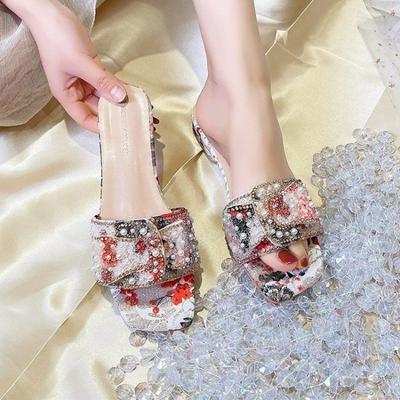 Damen Sandalen Sommer Glänzende Strass Schleife Pantoletten Klassischer Colorblock Outdoor Bankett Party Niedrige Absatz Pantoletten Zapatos De Mujer