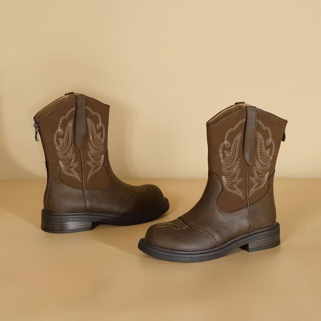 Grape Mom 2025 new embroidered medium tube knight boots V-mouth western cowboy boots small thick-soled heightening boots