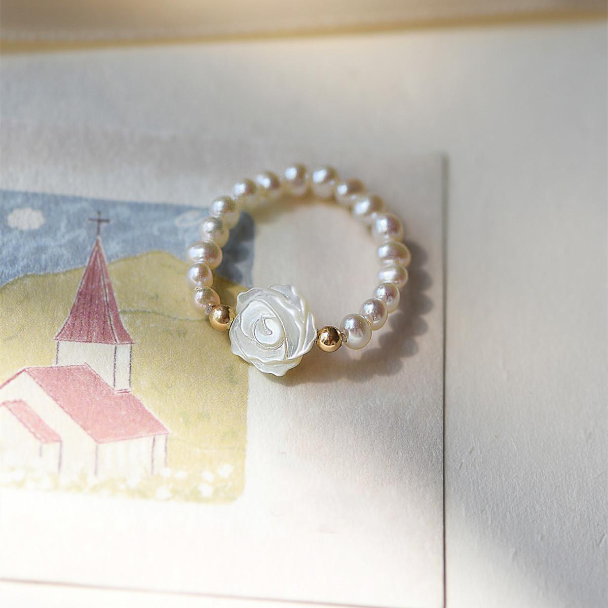 

White Rose Freshwater Pearl Ring Niche Design Irregular Pearl Ring Joint Tail Ring One size
