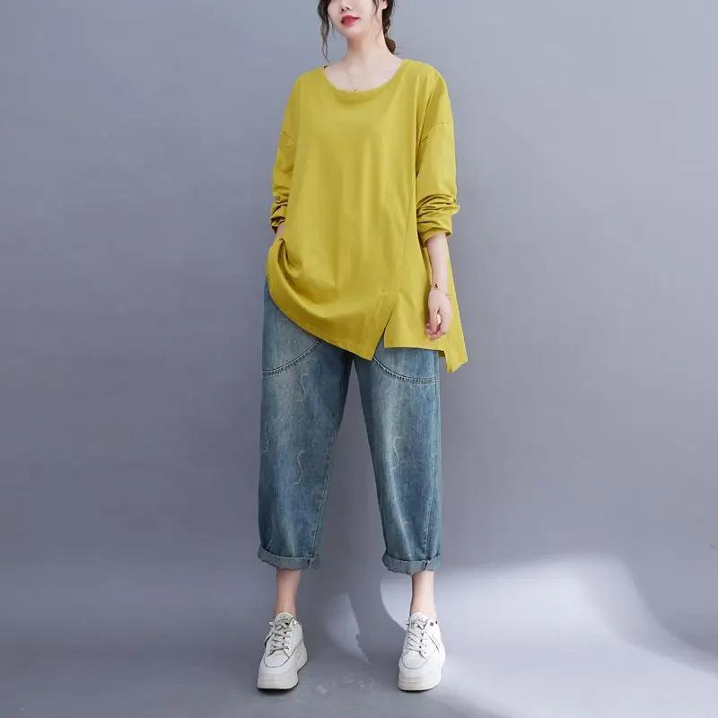 Casual T-shirt Loose Meat Cover Long-sleeved Bottoming Shirt Top Spring and Autumn New Medium and Long