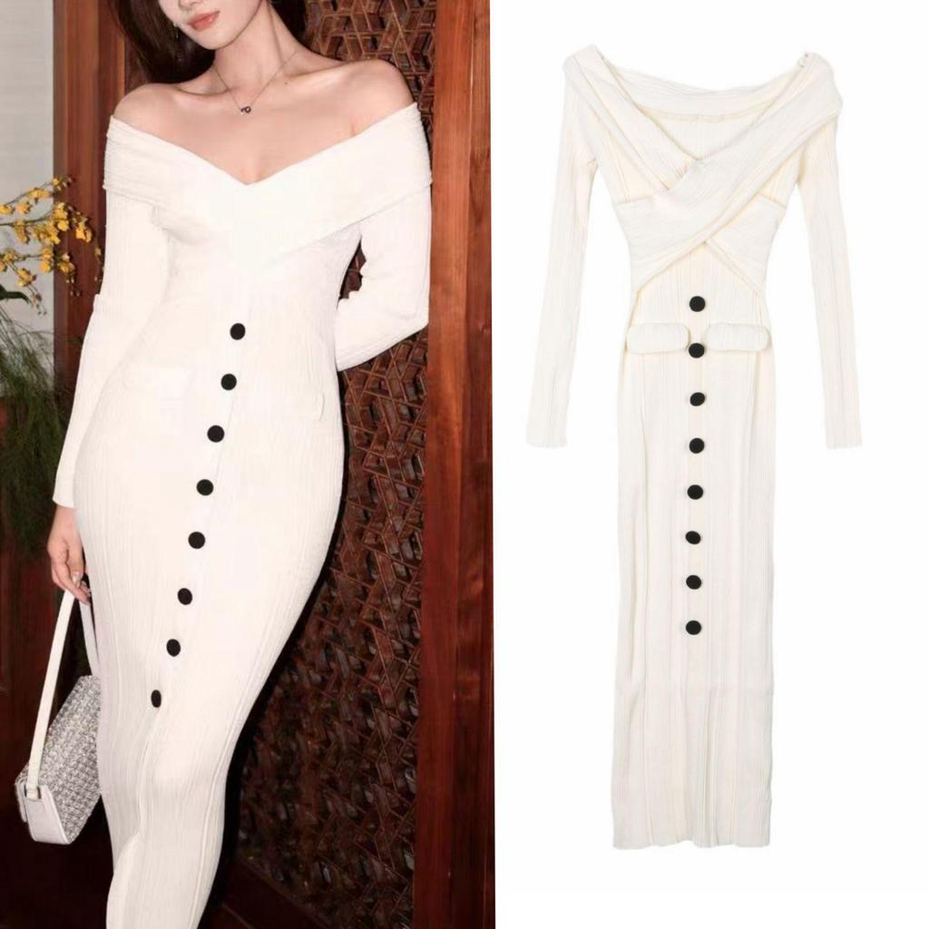2024 Autumn/Winter French One-Shoulder Sexy Slim-Fit Knitted Evening Dress