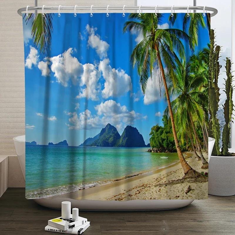 Summer Seaside Shower Curtains Ocean Beach View Coconut Trees Bath Curtain Polyester Fabric Bathroom Restroom Decor with Hooks
