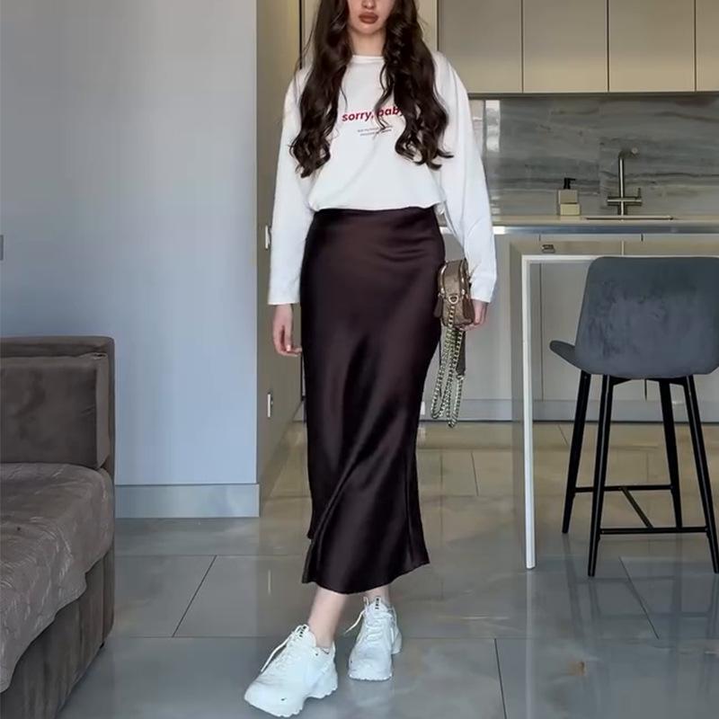 

2025 Summer Women s Casual Solid Color Midi Hip-Wrap Skirt M кавовий