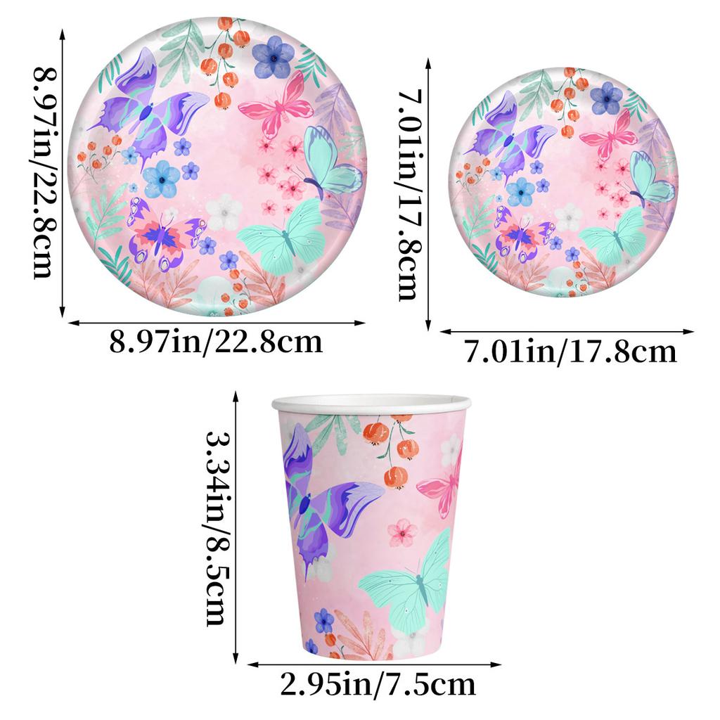 Spring Children'S Girl Birthday Party Decoration Butterfly Theme Paper Cup Paper Plate Knife Fork Spoon Set