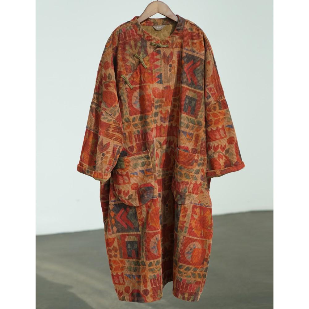Johnature Women Vintage Print Floral Dress Stand Long Sleeve Corduroy Spring Chinese Style Button Pockets Dress