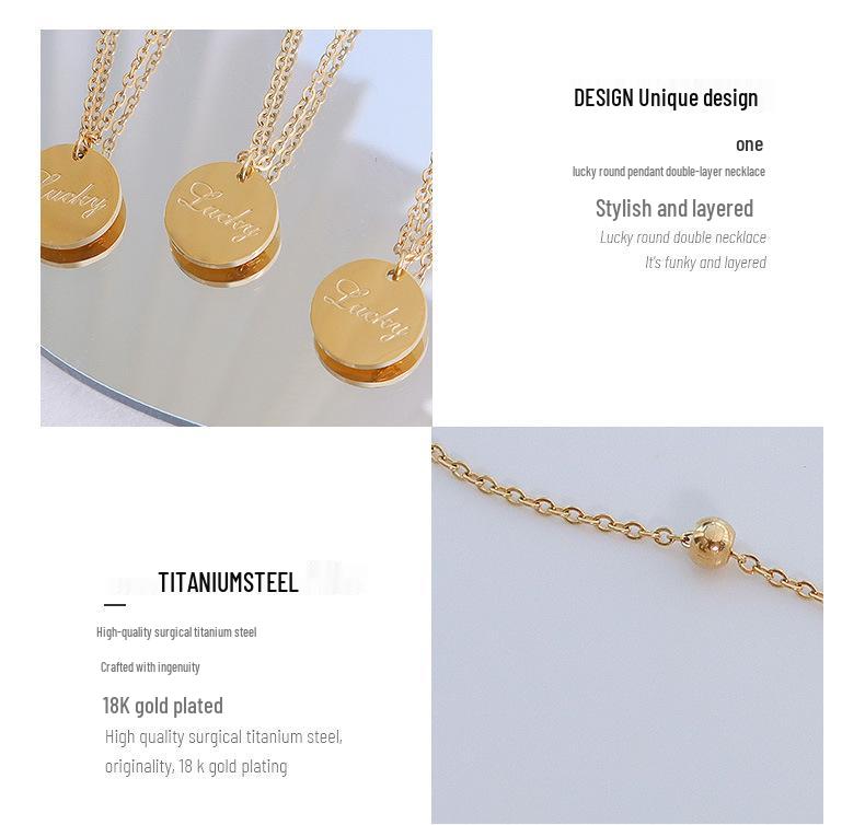 18K Gold Plated Lucky Round Pendant Double Layer Clavicle Necklace - European and American Style