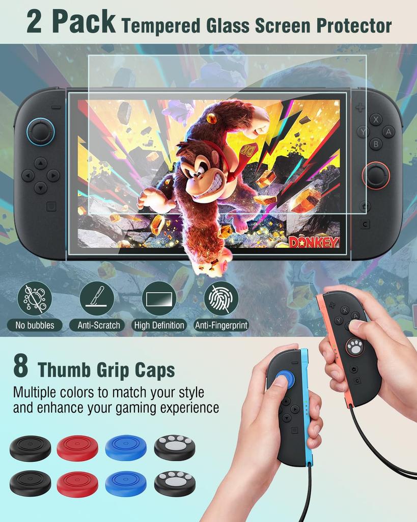 OLCLSS Nintendo Switch 2 Tragetasche mit acht Silikon-Kappen und zwei 10H Hart Verstärkt Bietet Platz für bis zu 12 Spiele und und ist leicht zu tragen