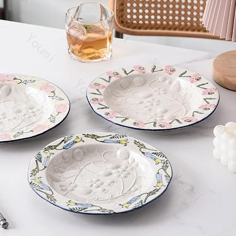 Creative Relief Flower Ceramic Plates Light Luxury Restaurant Pasta Dessert Plate Delicious Dishes Dining Plate Unique Tableware
