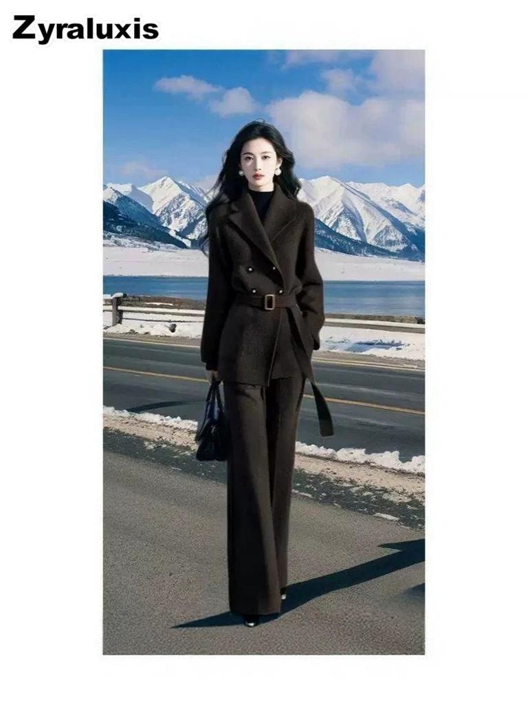 Plus Size Woolen Coat Sets for Plus-size Women, Wide-leg Pants Sets to Slim Figure