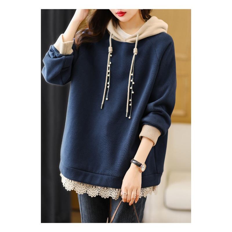 Spring Autumn Womens Hooded Sweatshirt European Style Color Block Loose Fit Long Sleeve Jacket